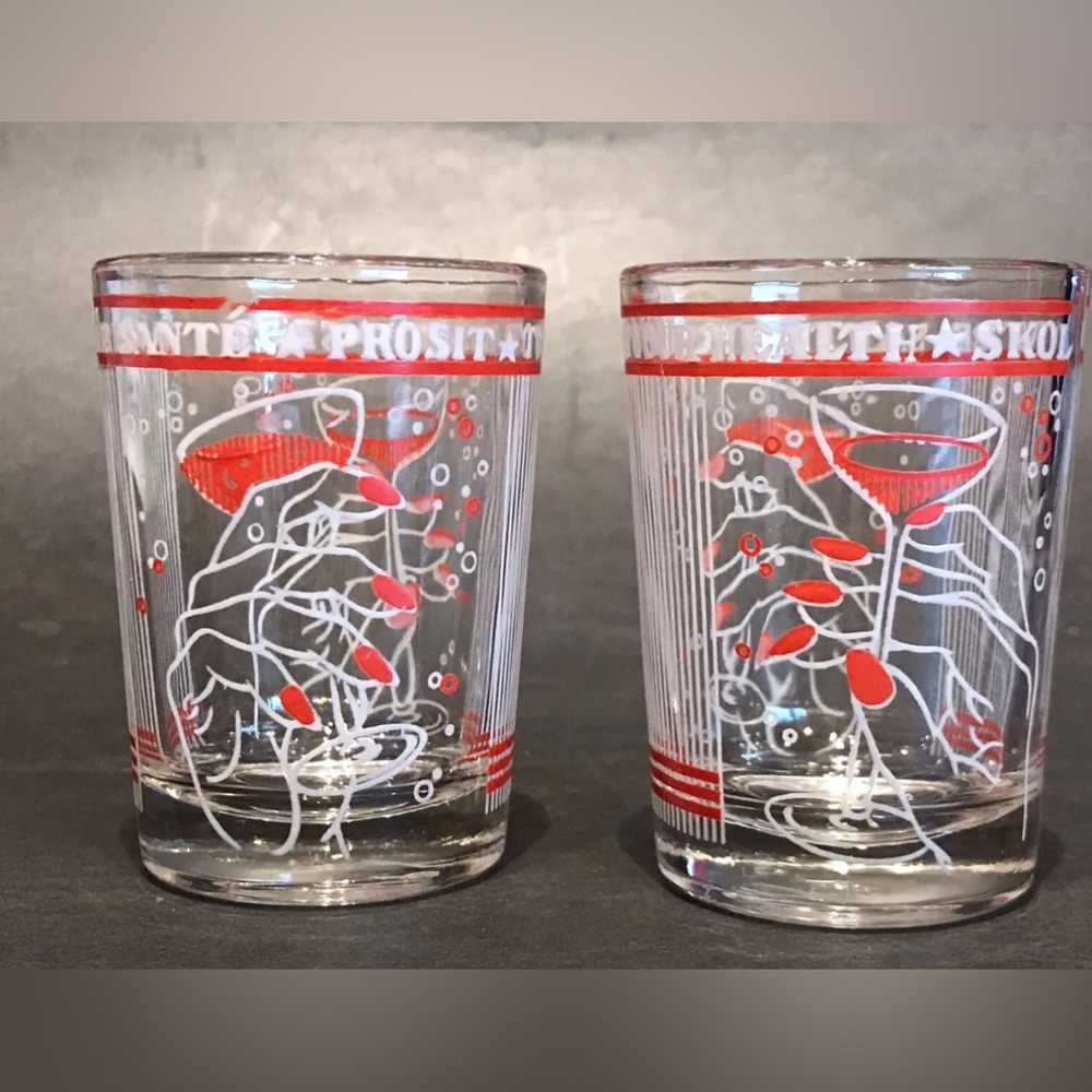 SKOL Set of 2 Vintage Mid Century Modern To Your Health Red & White Shot Glasses